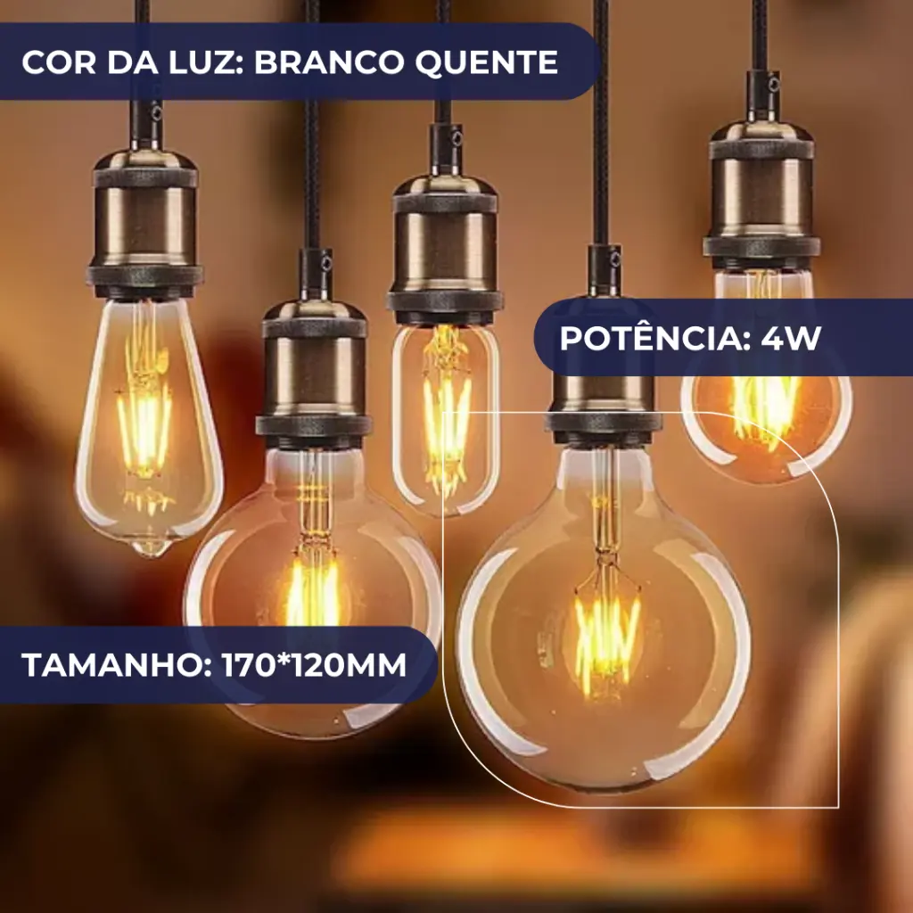 Lâmpada Filamento LED G125 4W Base E27 LUZ QUENTE 